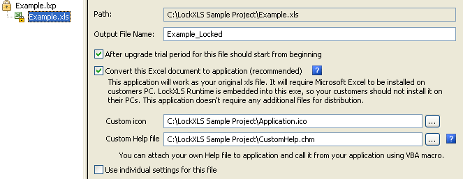 Excel File Compiler application options